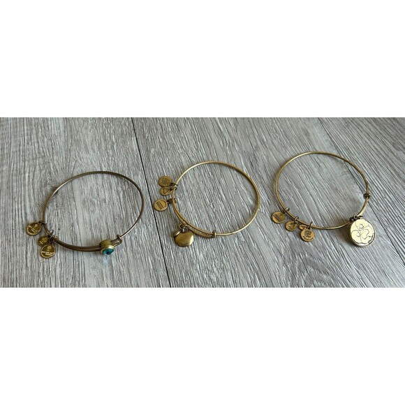 Alex and Ani Gold Tone Bracelets Lot Of 3 Green Stone, Apple, Stepmom Charms - Picture 1 of 8
